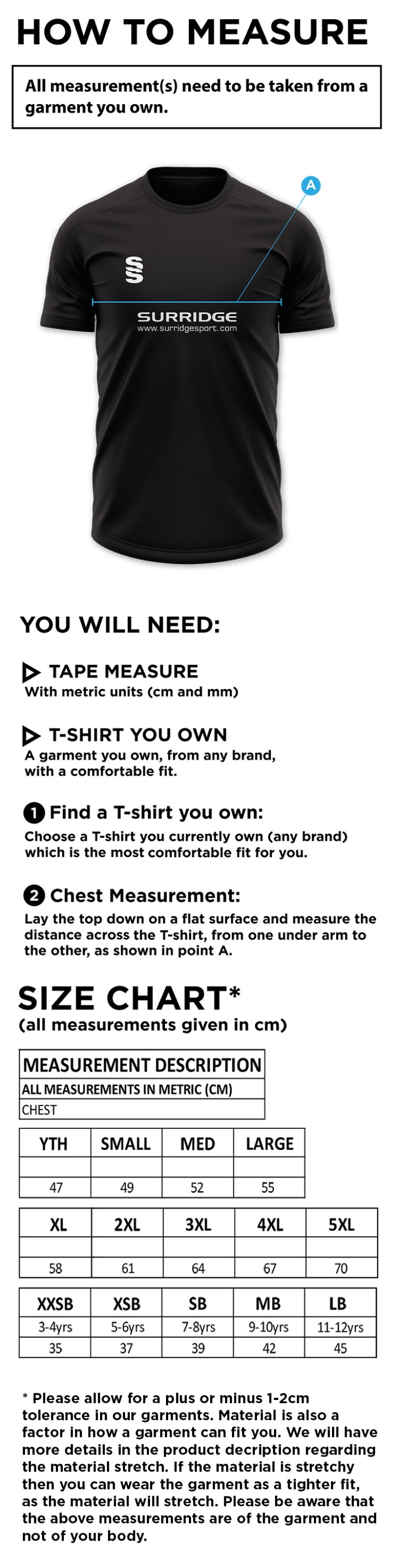 Coventry and North Warwick CC - Blade Training Shirt - Size Guide