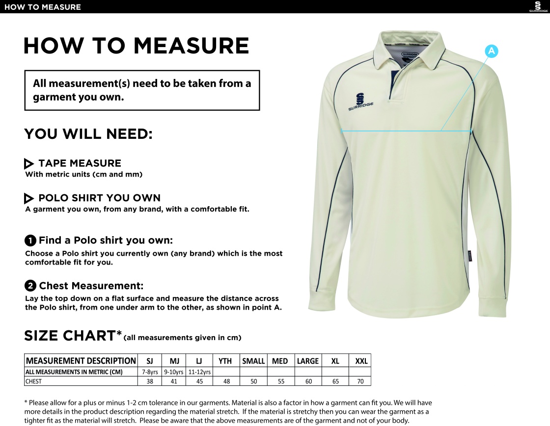 Coventry and North Warwick CC - Premier Long Shirt - Size Guide