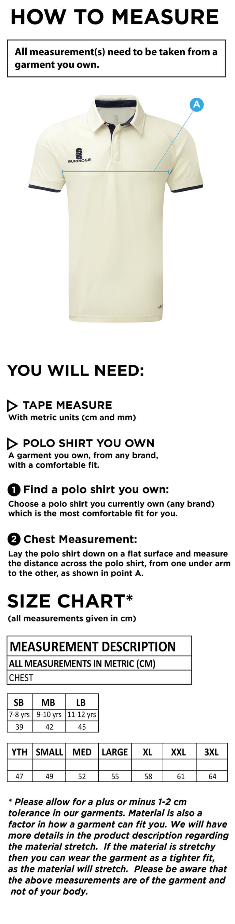 Coventry and North Warwick CC - Tek Short Playing Shirt - Size Guide