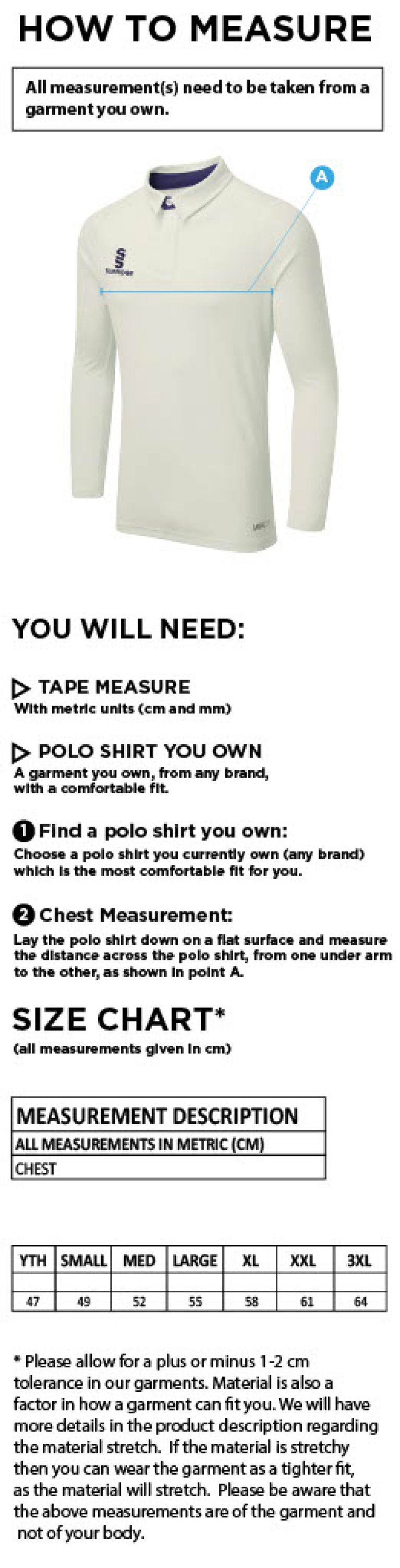 Coventry and North Warwick CC - Tek Long Playing Shirt - Size Guide