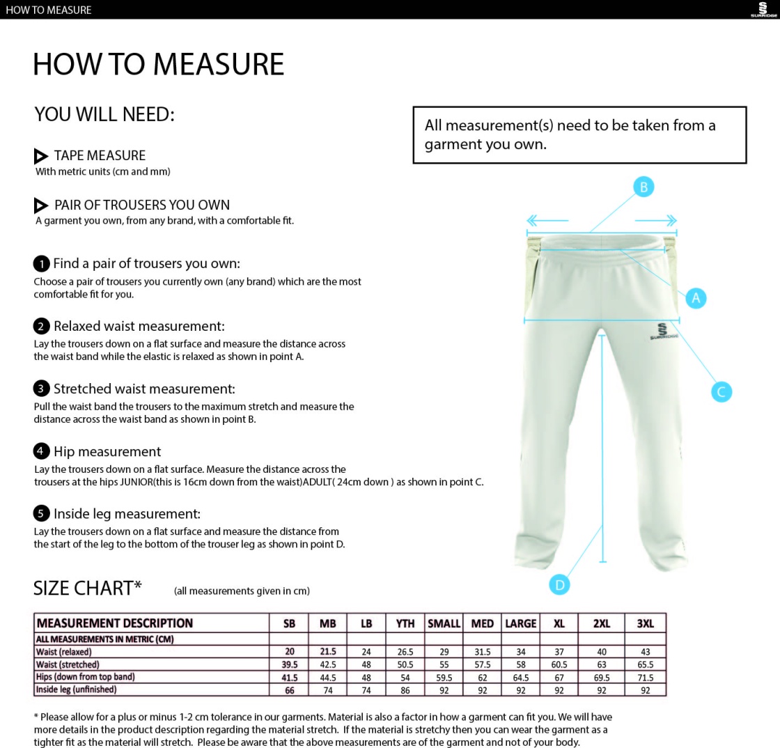 Coventry and North Warwick CC - Pro Trousers - Size Guide