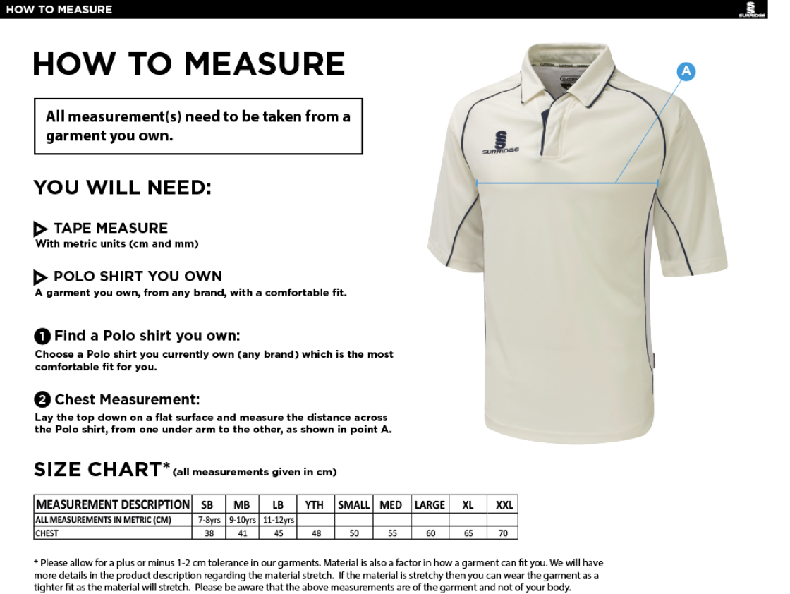 Coventry and North Warwick CC - 3/4 Premier Shirt - Size Guide