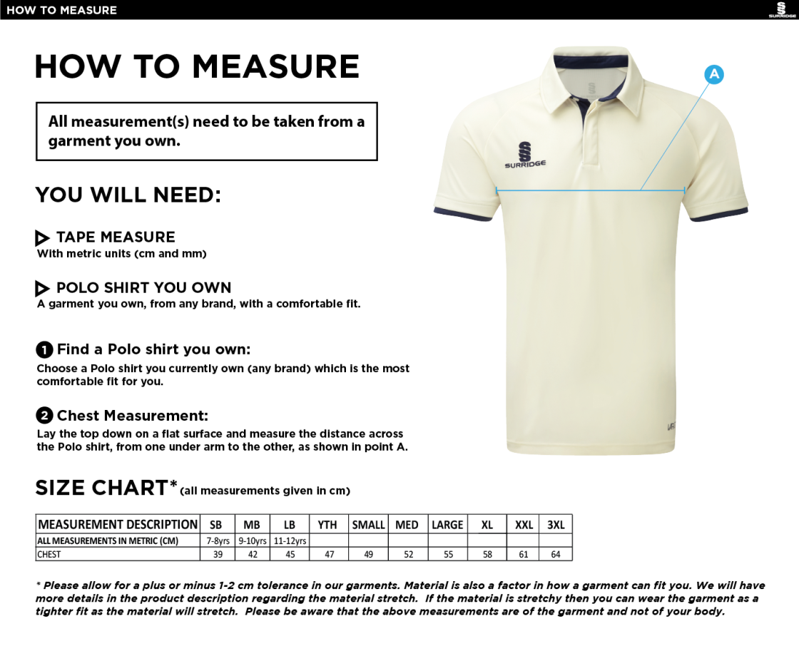 Coventry and North Warwick CC - Tek Short Playing Shirt - Size Guide