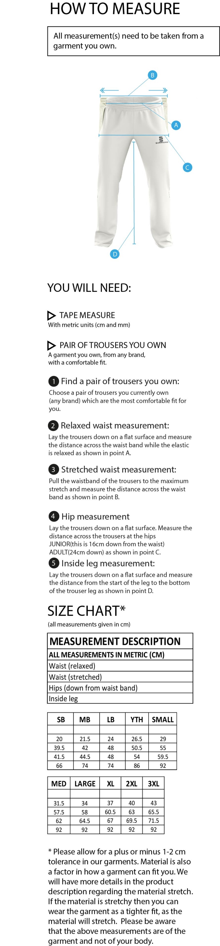 Coventry and North Warwick CC - Pro Trousers - Size Guide