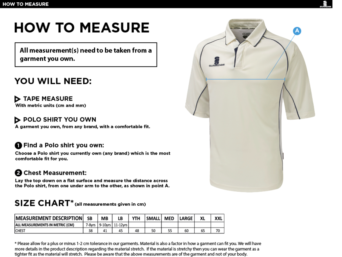 Coventry and North Warwick CC - 3/4 Premier Shirt - Size Guide