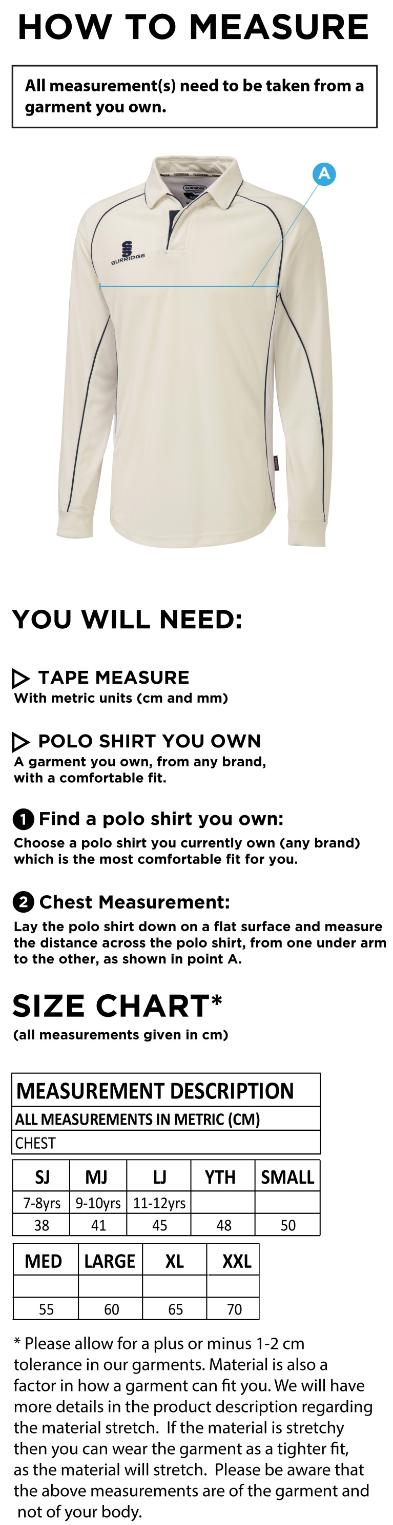 Coventry and North Warwick CC - Premier Long Shirt - Size Guide