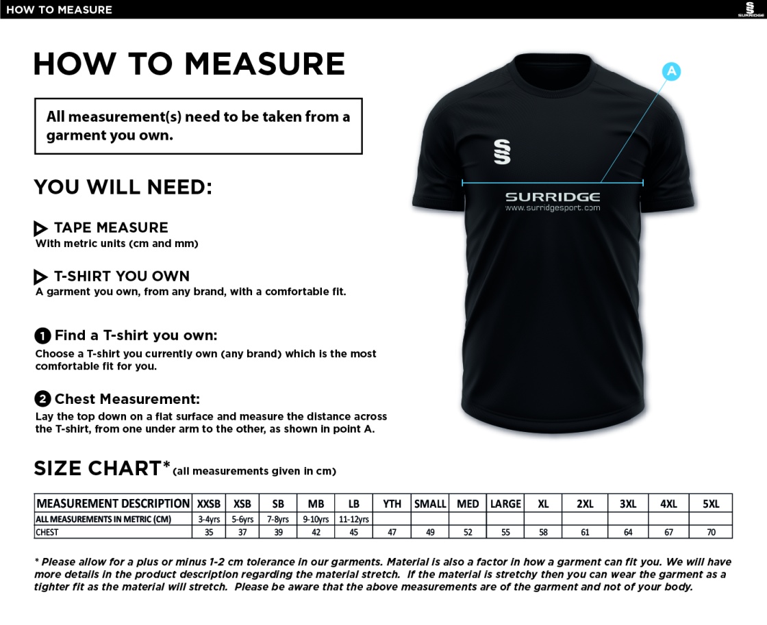 Coventry and North Warwick CC - Blade Training Shirt - Size Guide