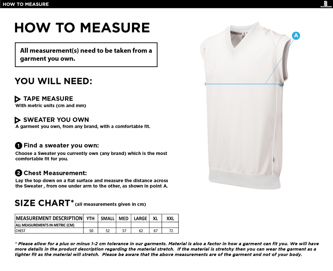 Coventry and North Warwick CC - Sleeveless Sweater - Size Guide
