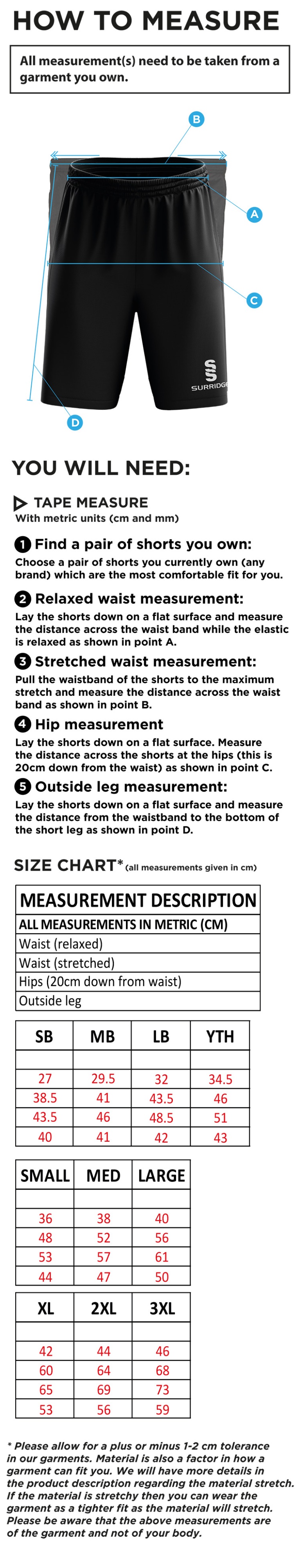 Coventry and North Warwick CC - Ripstop Training Short - Size Guide