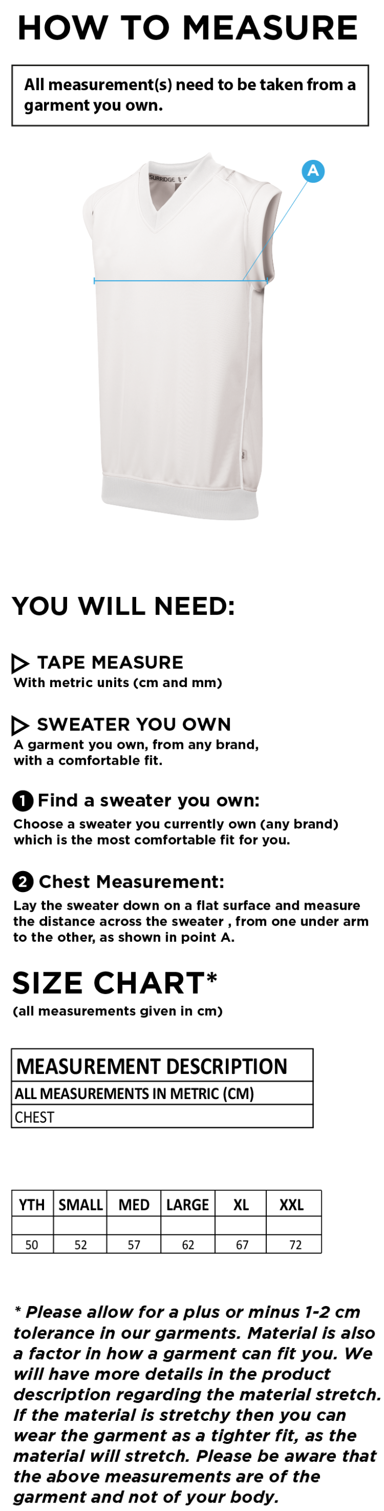 Coventry and North Warwick CC - Sleeveless Sweater - Size Guide