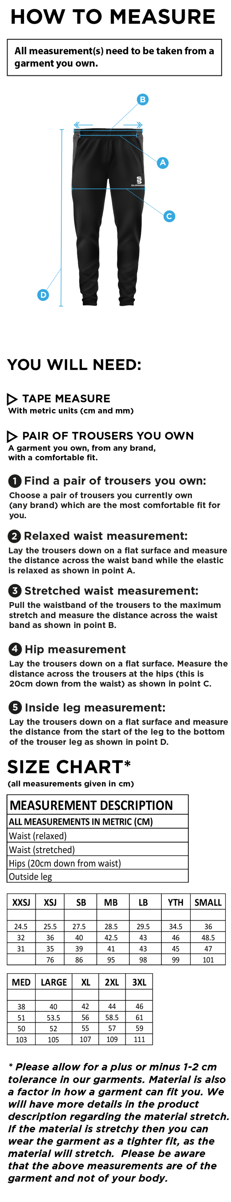 Coventry and North Warwick CC - Tek Skinny Pants - Size Guide
