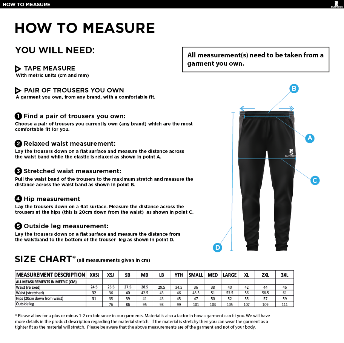 Coventry and North Warwick CC - Tek Skinny Pants - Size Guide