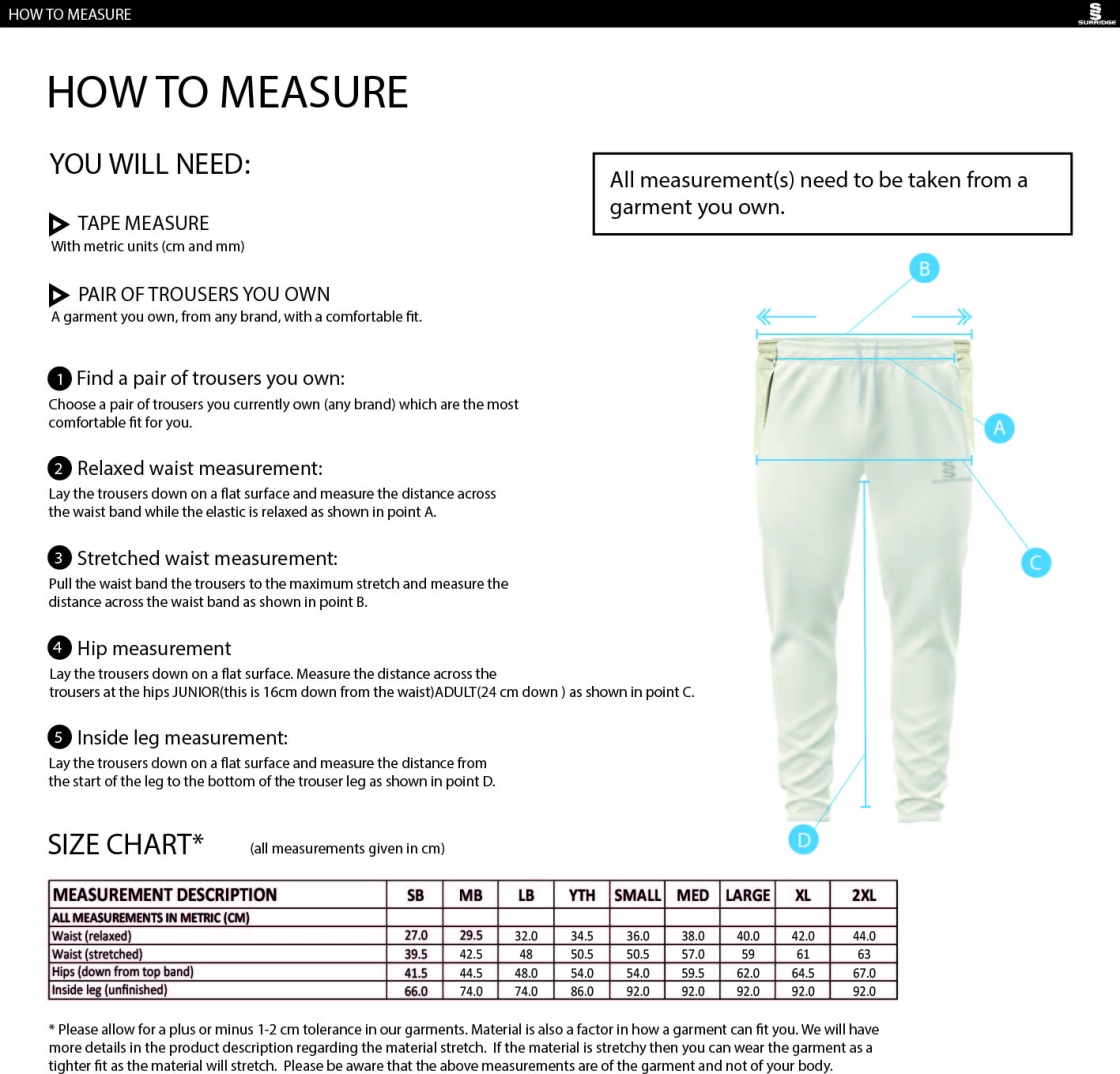 Coventry and North Warwick CC - Tek Trousers - Size Guide