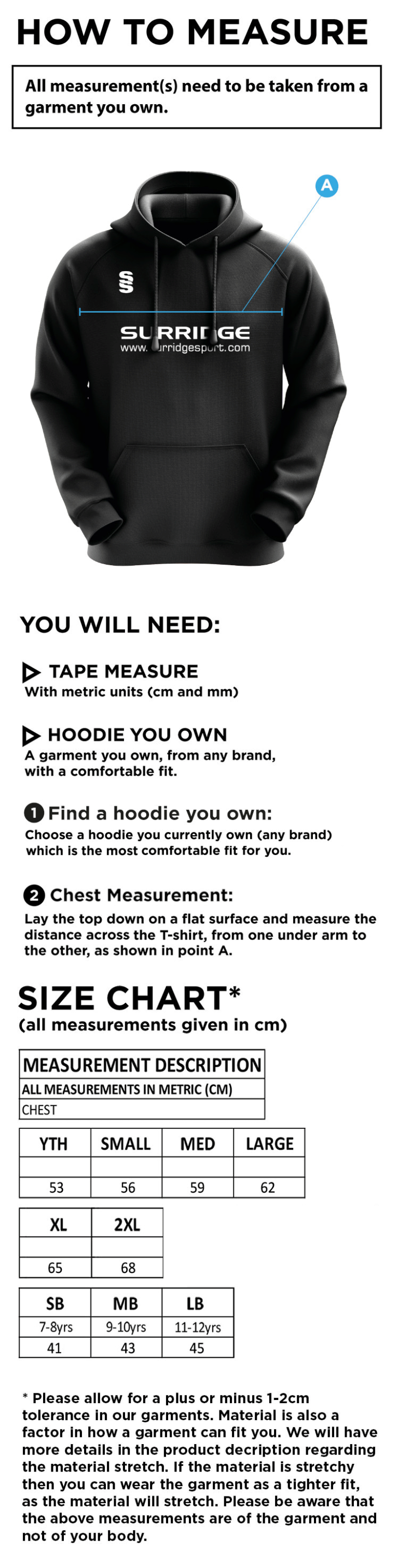 Coventry and North Warwick CC - Blade Hoody - Size Guide
