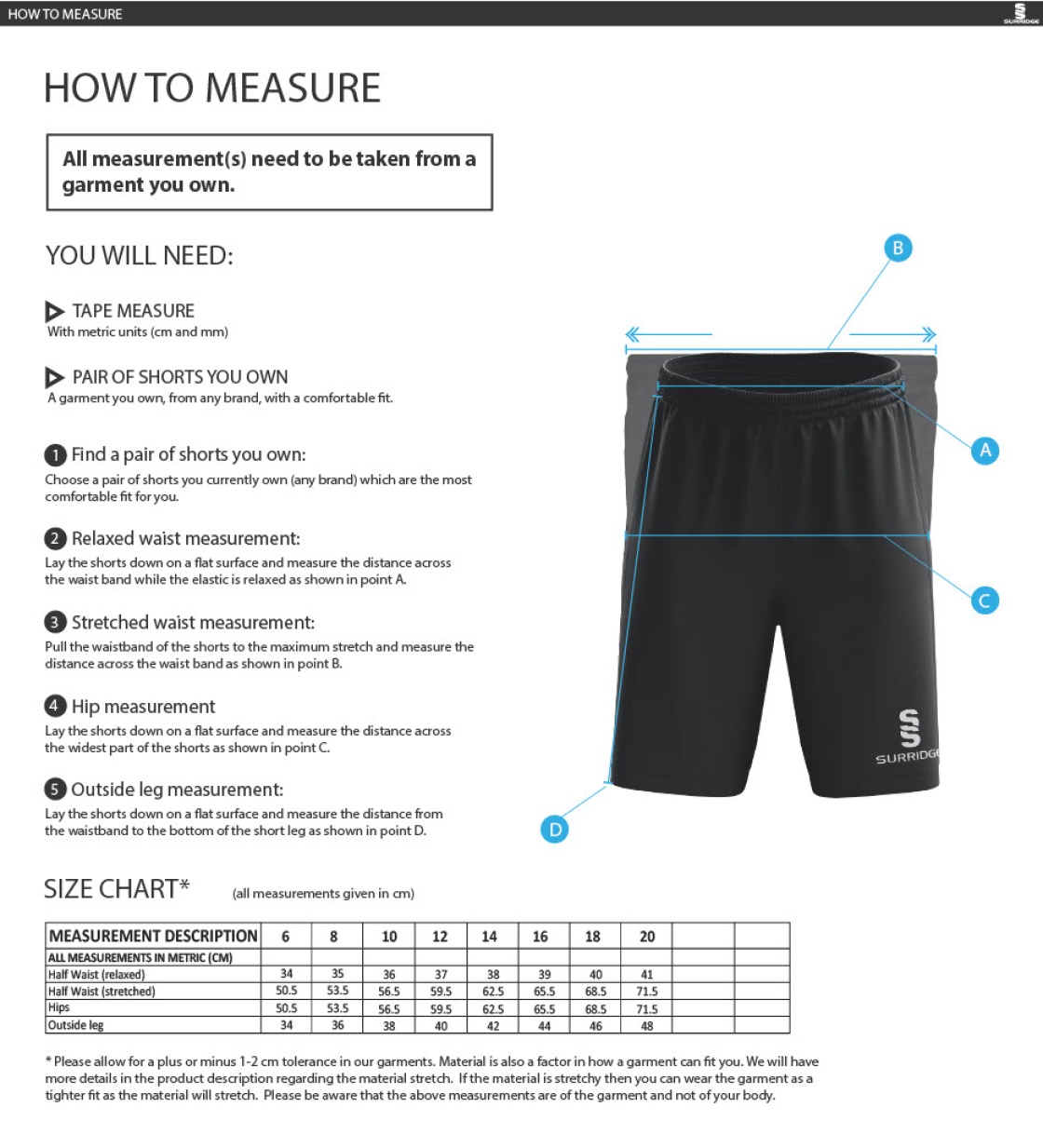 Coventry and North Warwick CC - Women's Ripstop Training Short - Size Guide