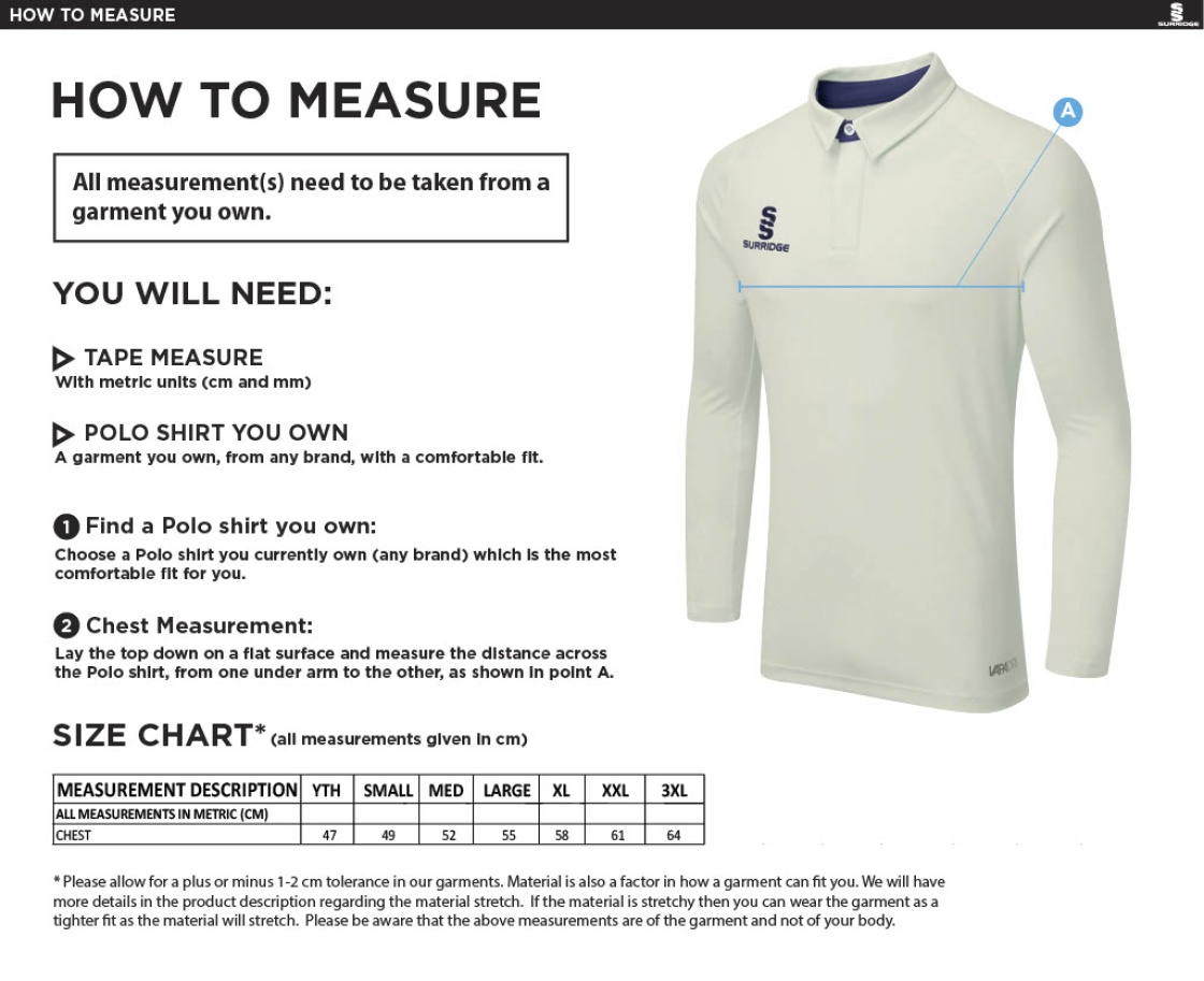 Coventry and North Warwick CC - Tek Long Playing Shirt - Size Guide