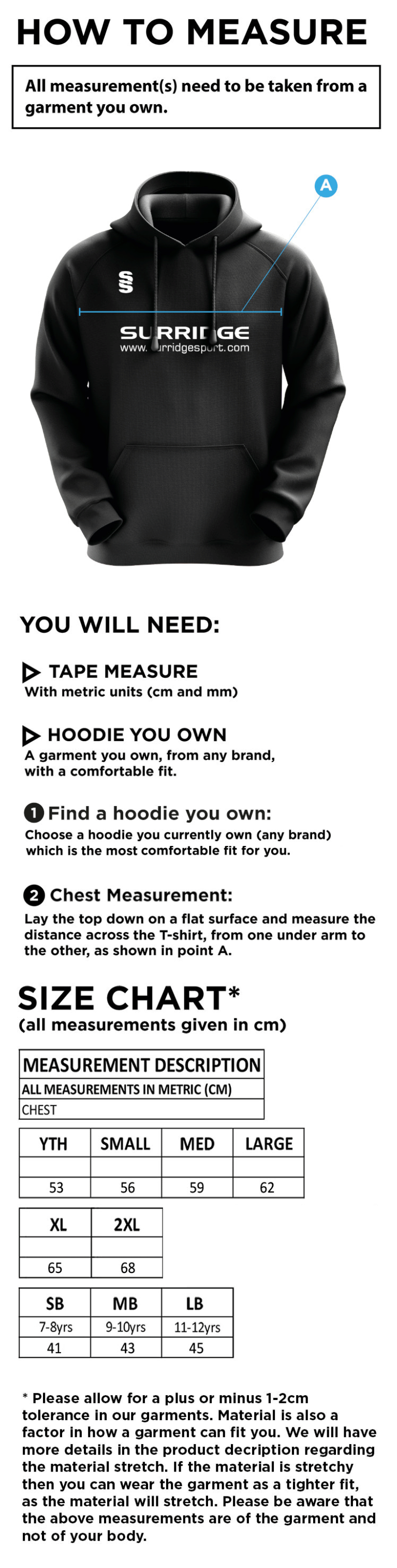 Coventry and North Warwick CC - Blade Hoody - Size Guide
