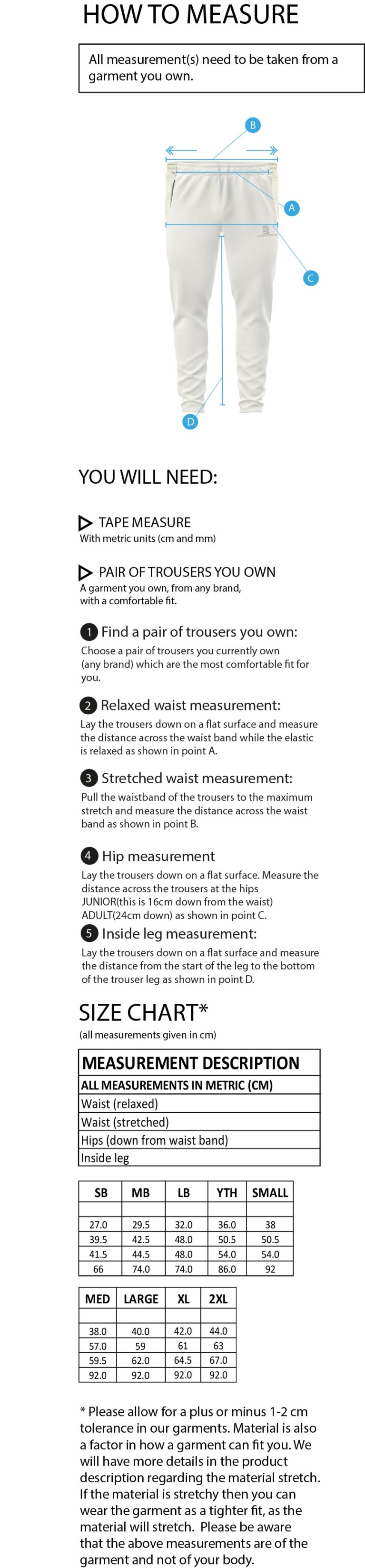 Coventry and North Warwick CC - Tek Trousers - Size Guide